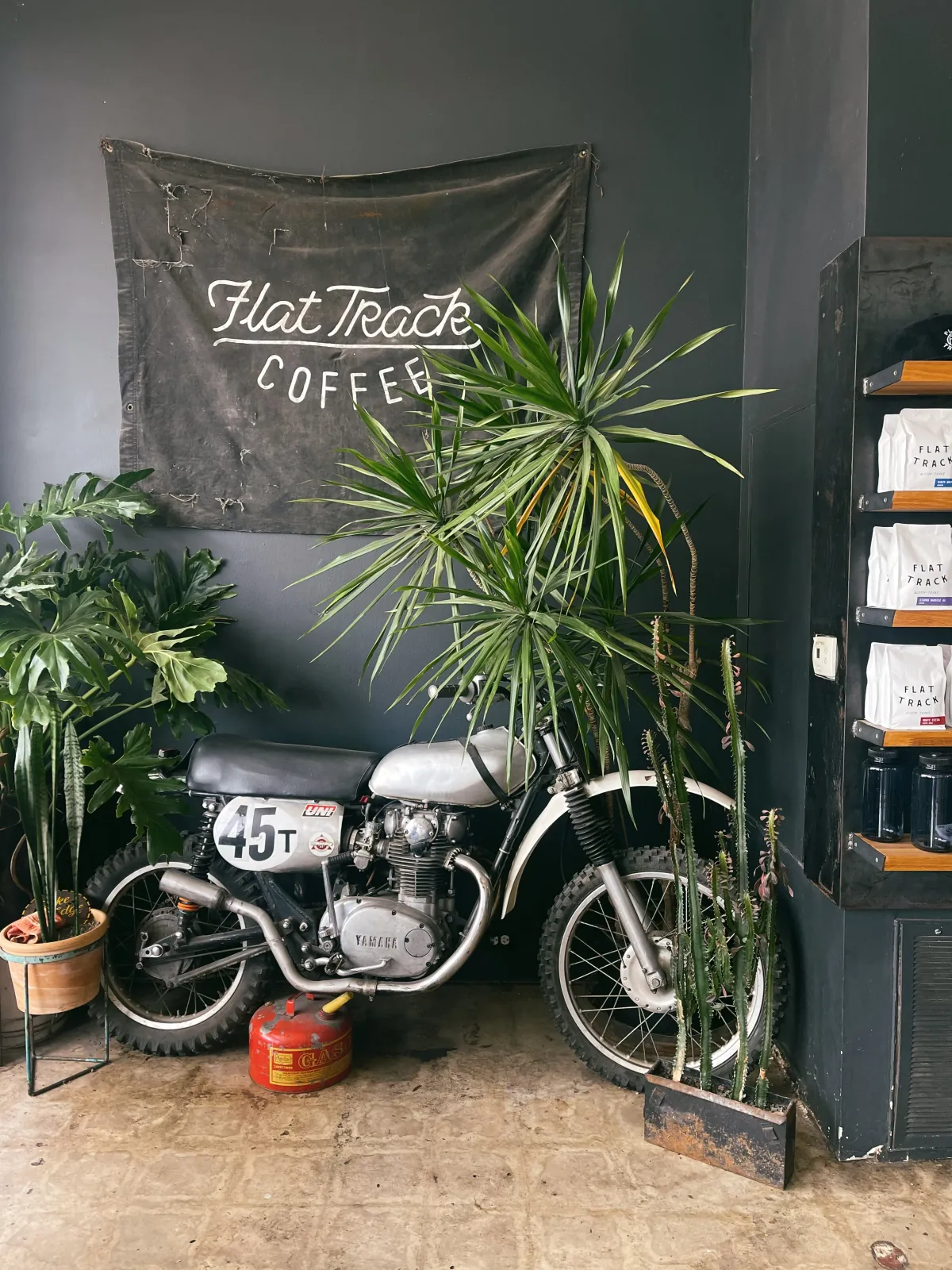 A motorcycle parked among potted palms under a Flat Track Coffee banner inside the café