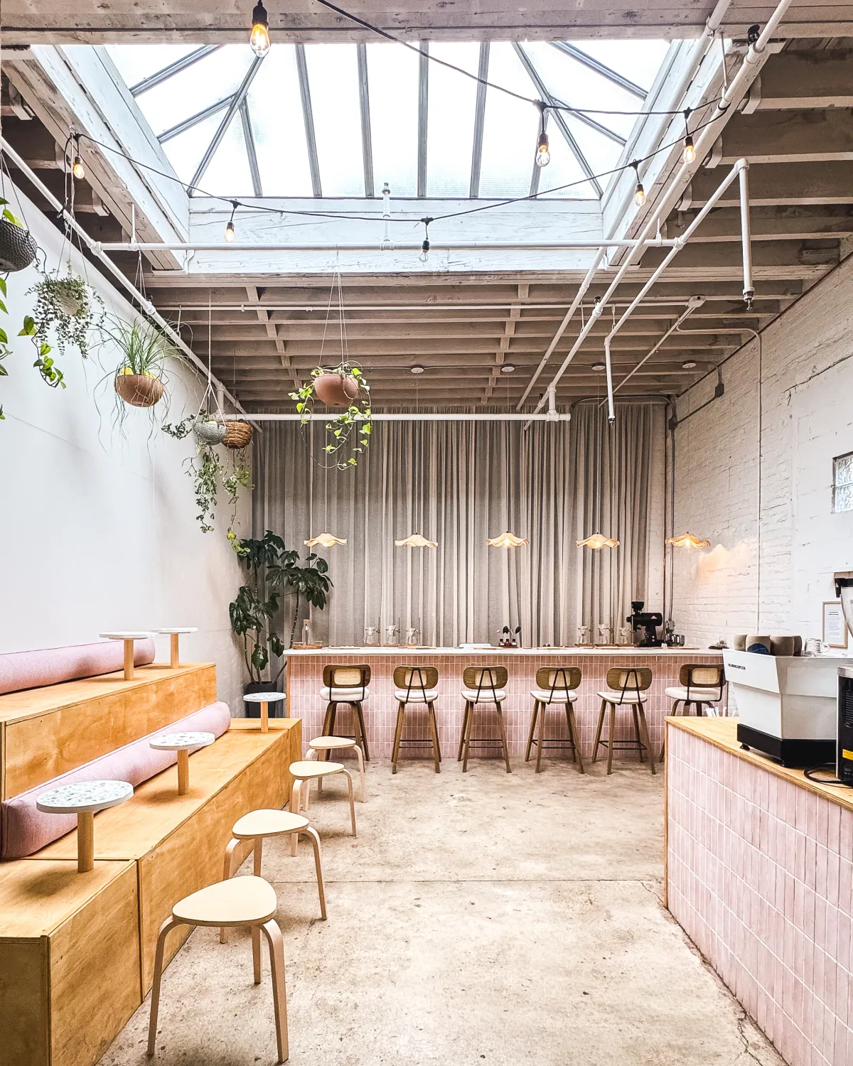 The Driftaway tasting room under a skylight, with a pink-tiled bar lined with rattan stools, hanging plants and tiered wooden seating with small round tables