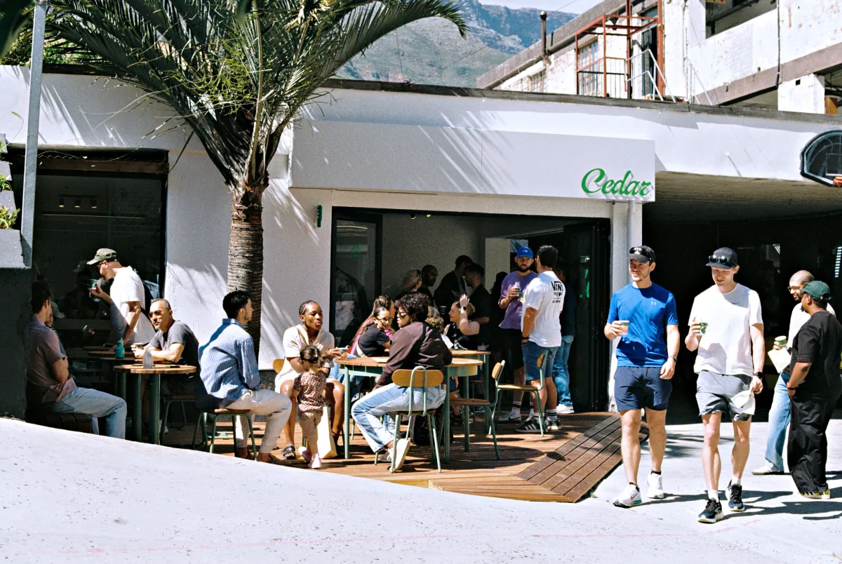Guests at the tables on the wooden deck outside the Cedar Albert Store in Woodstock, under a palm tree with the mountain behind