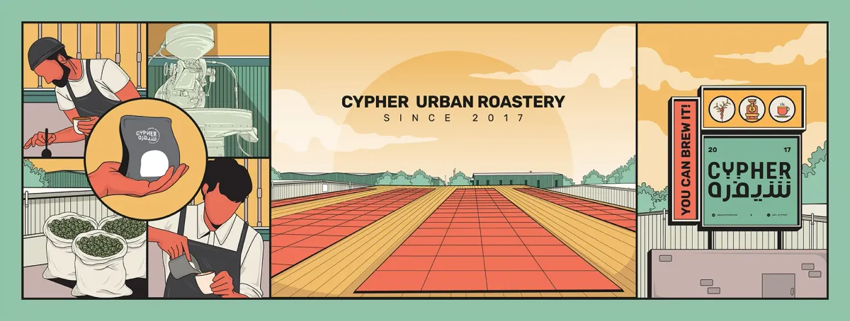 The bar at Cypher Urban Roastery, a long counter with La Marzocco espresso machines and grinders under industrial lamps, with a tall wooden table and metal stools in front