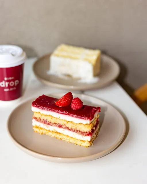 A slice of layered sponge with a raspberry glaze and two fresh raspberries on a beige plate at Drop, with a red Drop takeaway cup and a slice of coconut cake behind