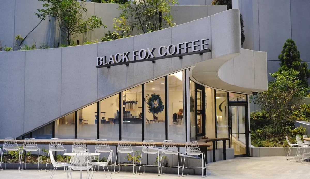 The Black Fox Coffee kiosk in the garden at 550 Madison, a glass-fronted room under a curved concrete wall with white wire chairs and tables on the terrace