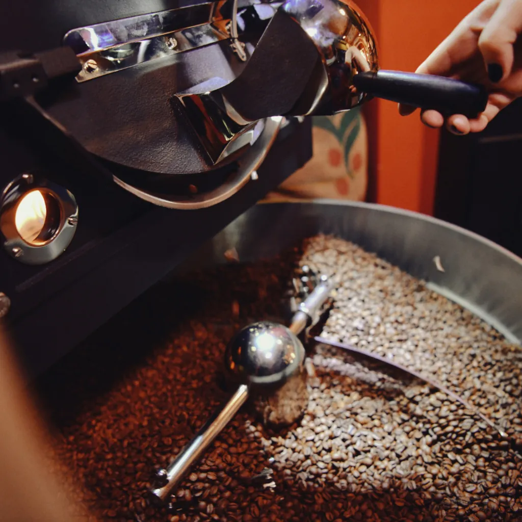 Freshly roasted beans tumbling into the cooling tray of the Vicky Coffee roaster at Victoria Central in Gozo