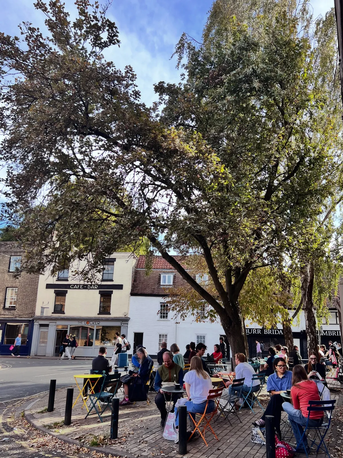 Customers at colourful folding tables under a large tree outside The Locker Cafe in Cambridge on a sunny autumn day