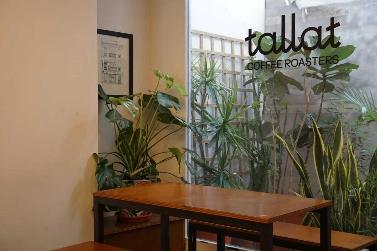 A long wooden table and bench in front of a wall of plants at TALLAT, under the tallat Coffee Roasters logo