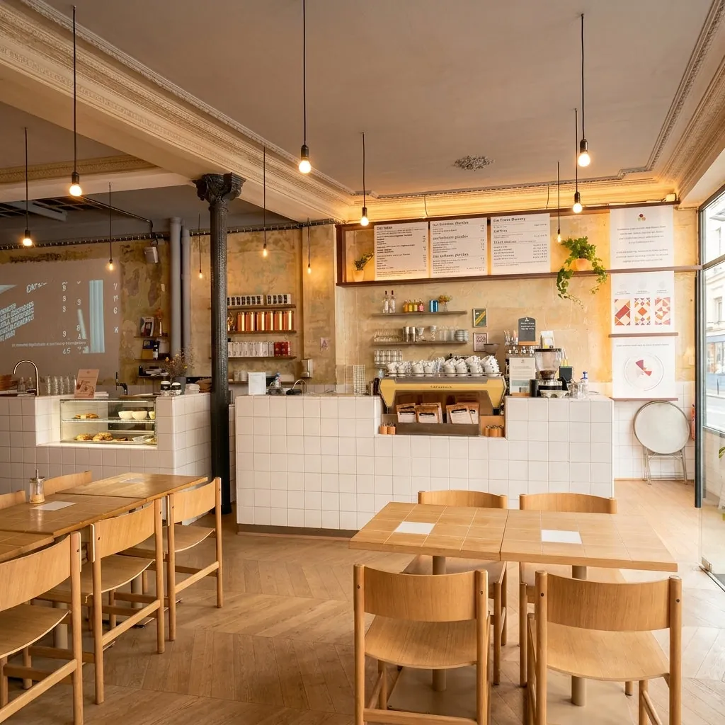 The interior of Coutume’s first café, with a white-tiled counter, pendant bulbs, wooden tables and a yellow espresso machine